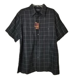Marc Edwards Mens Washable Linen Button Shirt Size Large Black Windowpane Plaid